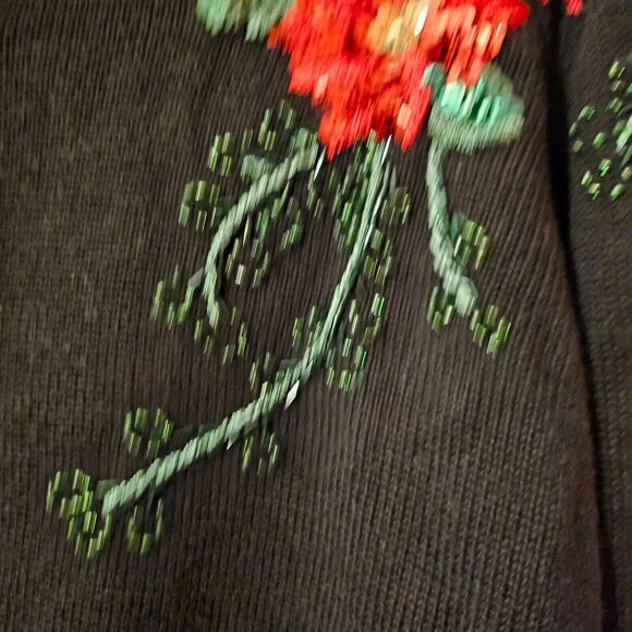 Poinsettia Sequin Cardigan Sweater Quacker Factory Black Christmas Small - Picture 4 of 9